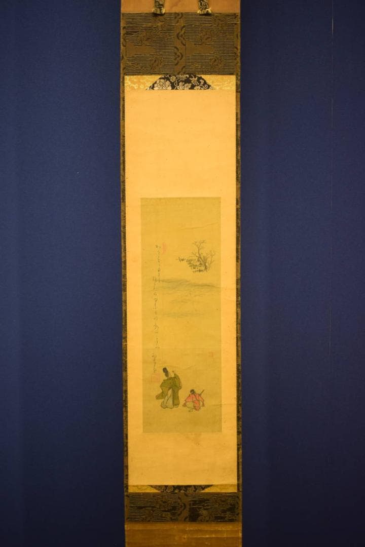 真作/細竹/山水人物画賛/須磨/明石/時代表装/布袋屋掛軸HH-546