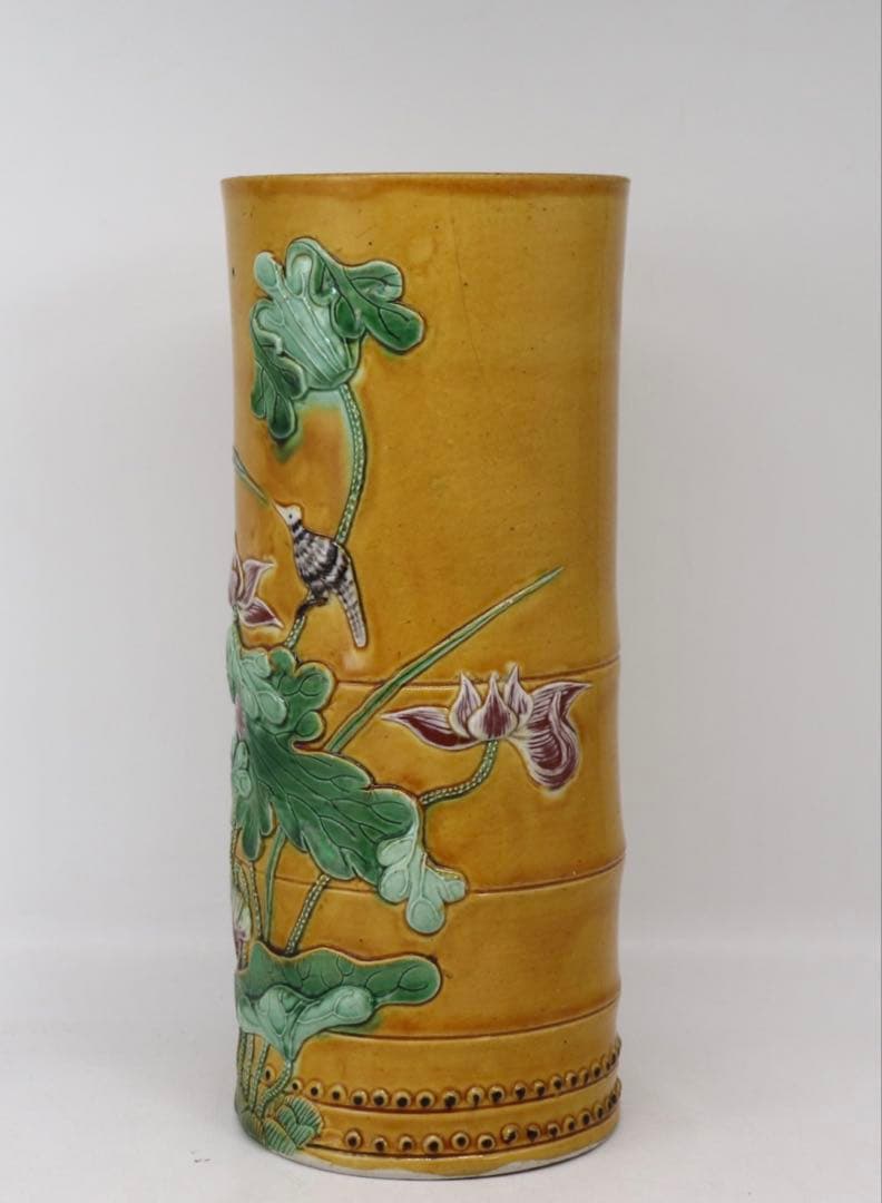 中国　清時代　黄南京　竹節型蓮鷺紋筆入　共箱　アンティーク　送料込み250708