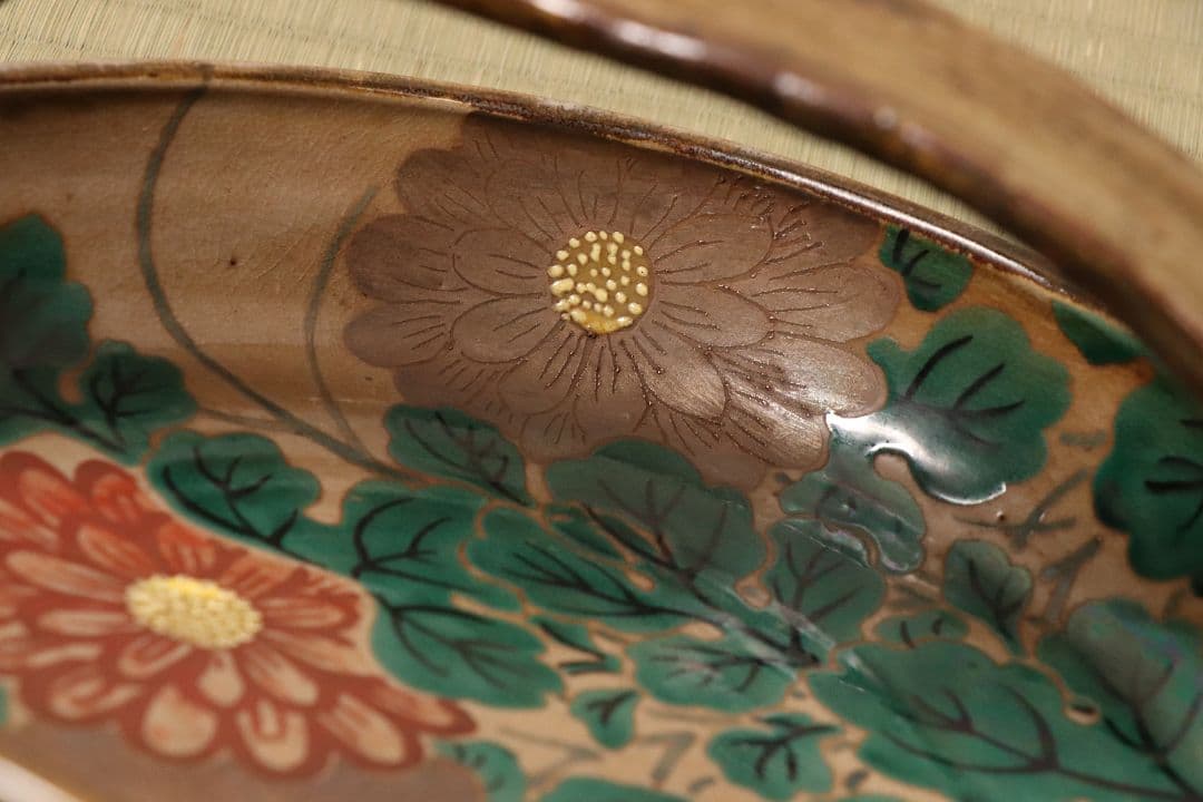 乾山焼 三代乾山 菊図 手付菓子器 木箱 陶芸 草花 鉢 時代【MA480】