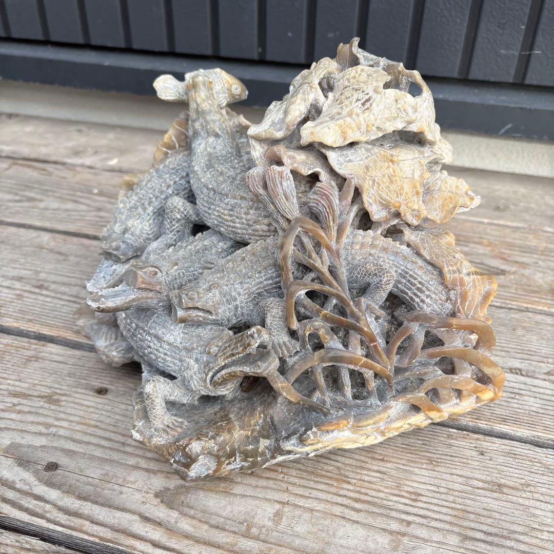 中国骨董 ワニ 置物 彫刻 天然石 オブジェ レトロ ジャンク ワニ群像 置物