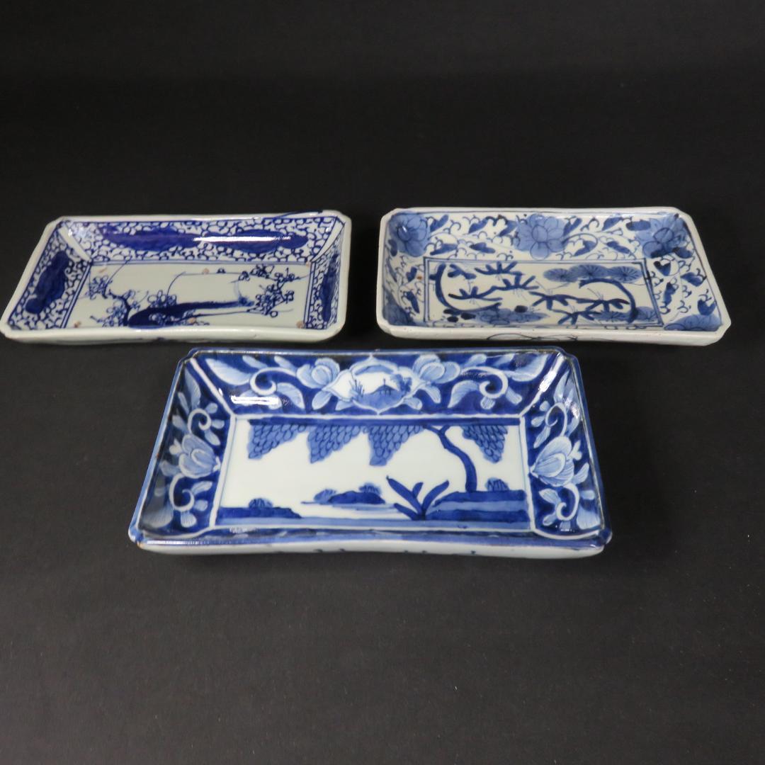 長皿 染付 3枚 窯傷 歪み 古伊万里