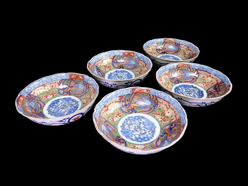 大聖寺伊万里　金襴手　福良雀の図　膾皿　５客　260AS-CXl