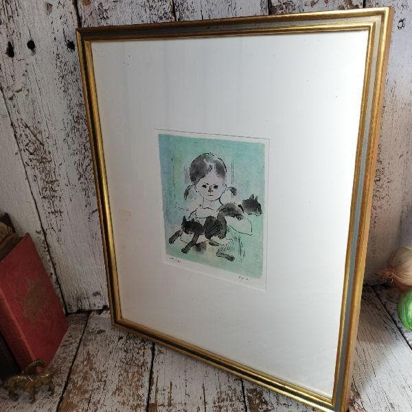 画家 絵本作家 荻太郎 画伯 作 少女と黒猫 24/100部 限定 リトグラフ