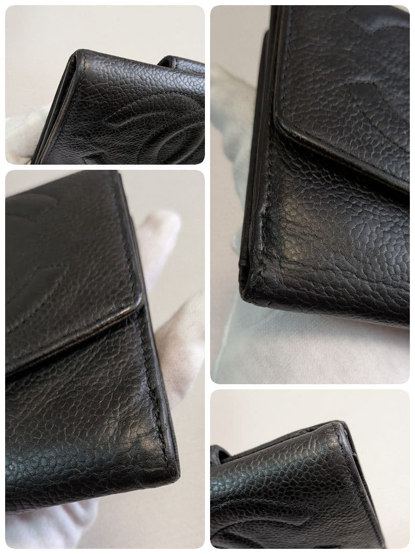 シャネル　デカココ　Wホック折り財布　黒　キャビアスキン　チェーン　ウォレット