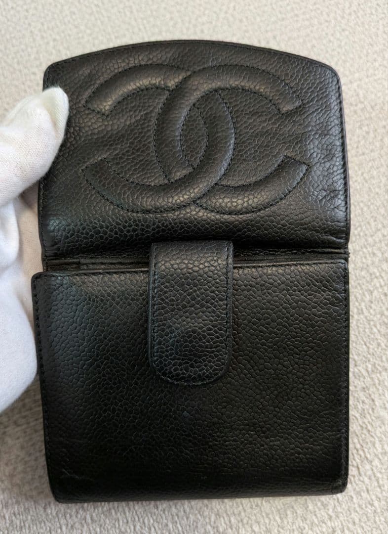 シャネル　デカココ　Wホック折り財布　黒　キャビアスキン　チェーン　ウォレット