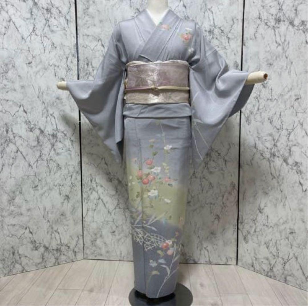 夏着物正絹 叩き染め お花柄 訪問着 一つ紋 帯セット