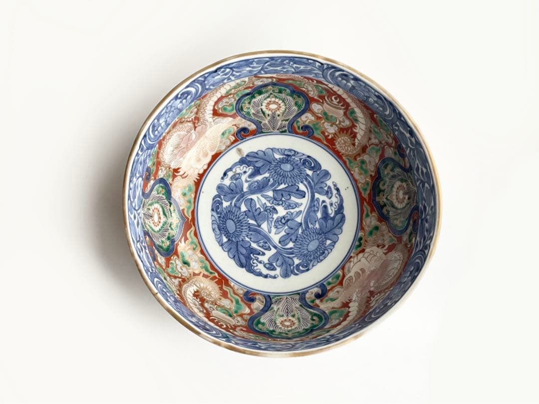 骨董　アンティーク　古伊万里　色絵　金襴手　染錦　龍文　鉢　深鉢　平水指　茶道具