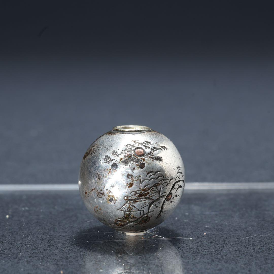 緒締め玉　山水　提げもの　金属　銀　R1650