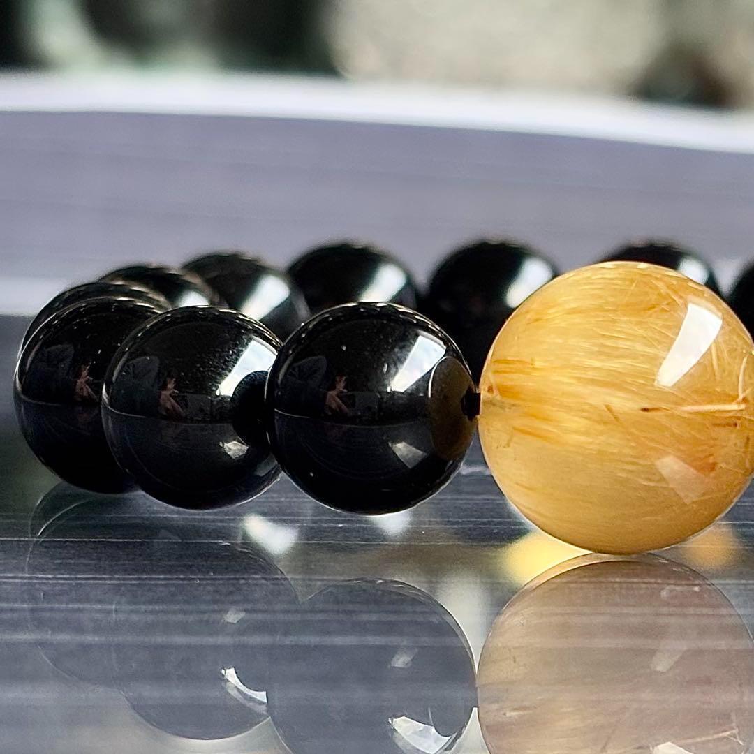 15.5mm ゴールドルチル　オブシディアン　ブレスレット　天然石