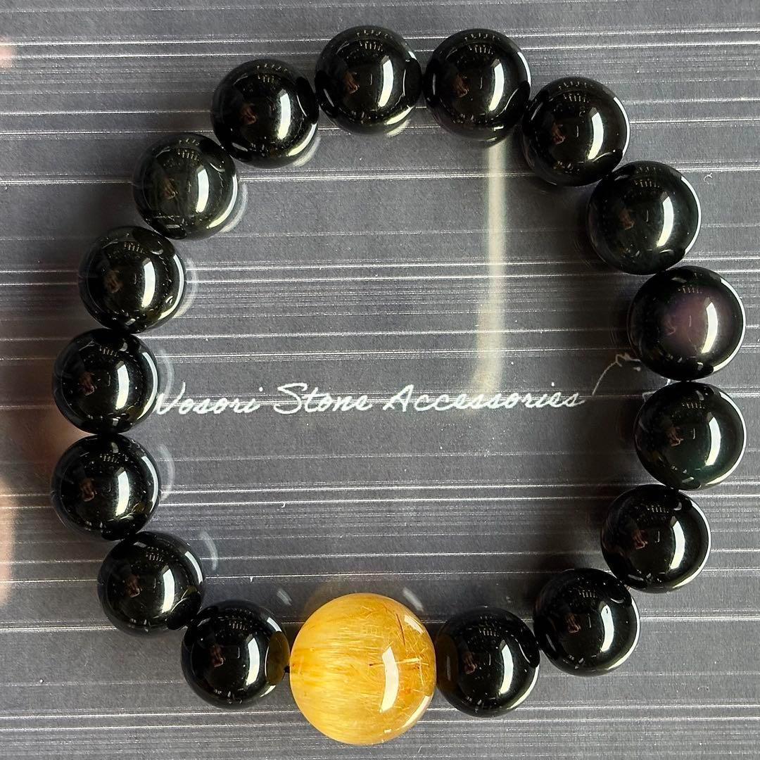 15.5mm ゴールドルチル　オブシディアン　ブレスレット　天然石