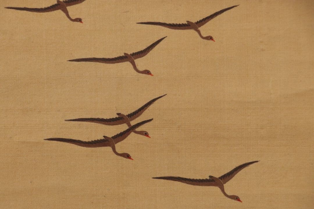 【模写】日本画 江戸期 土佐光貞「吉野山・月に雁」絹本 二幅対 掛軸 M893