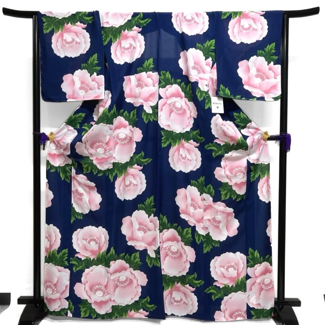 未着用　浴衣　牡丹　藍色　華やか　お洒落　着物　032a d