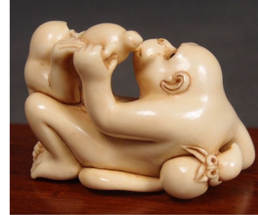 送料無料　コレクター放出　猿親子根付　4.5×3.2×2.5　優品