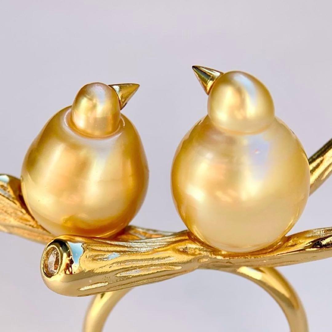 本真珠南洋白蝶真珠ゴールド&濃金s925「鳥と枝」リングY1005