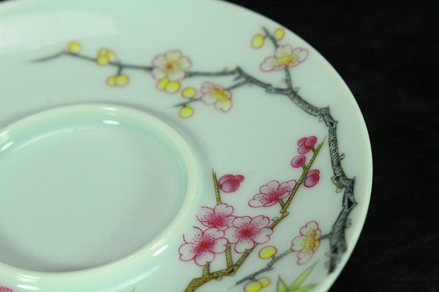 中国美術 粉彩 花鳥画 蓋碗 皿 一対(K-HA502)