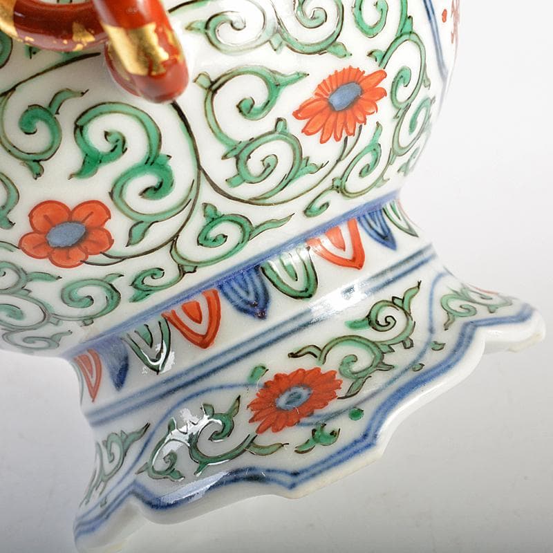 篩月庵　三浦竹泉造　赤絵金彩　花唐草龍文　双耳遊環香炉　共布共箱　J　R7438