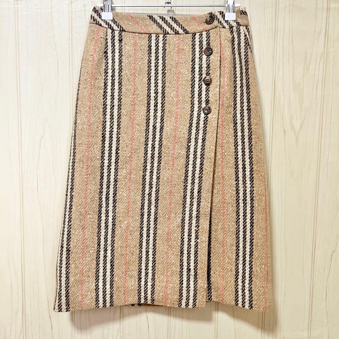 【バーバリーロンドン】ウールノバストライプラップスカート☆ミモレ丈☆ボタン☆S