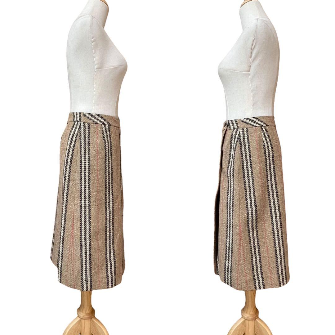 【バーバリーロンドン】ウールノバストライプラップスカート☆ミモレ丈☆ボタン☆S