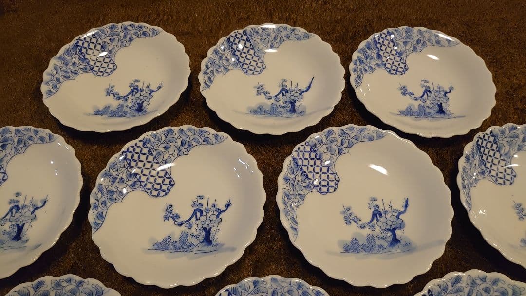 古伊万里　伊万里　染付　豆皿　菓子皿　華の図　小紋　１０客