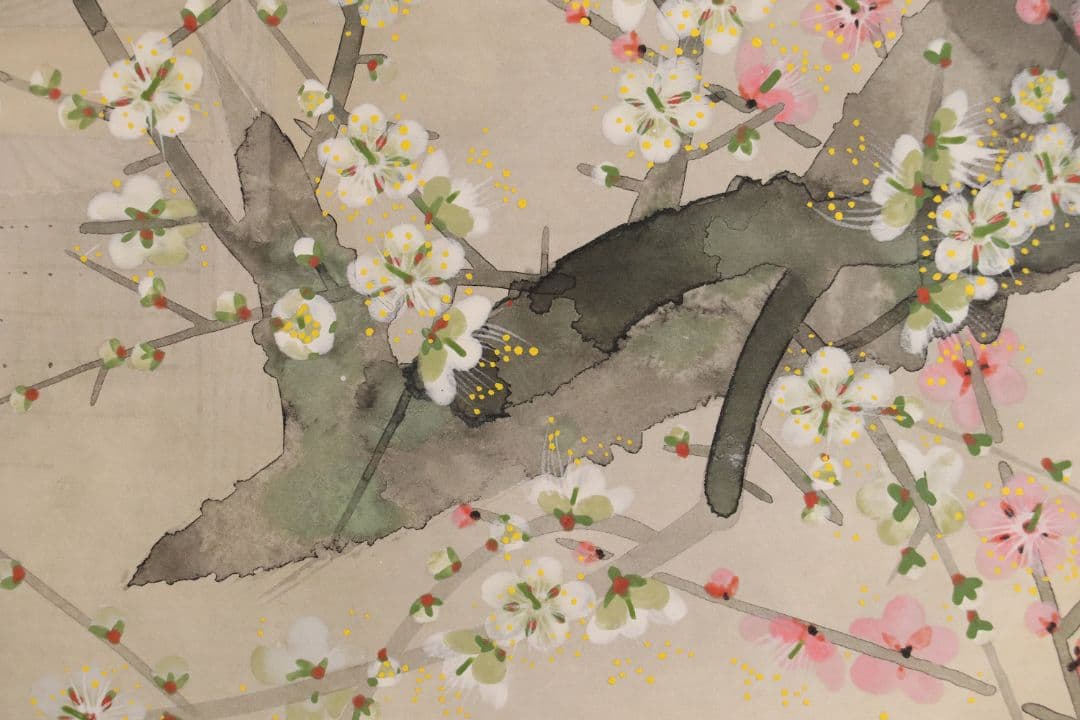 【真作】日本画 宮本昌雄「梅の寺」絹本 掛け軸 木箱 横物 MA434