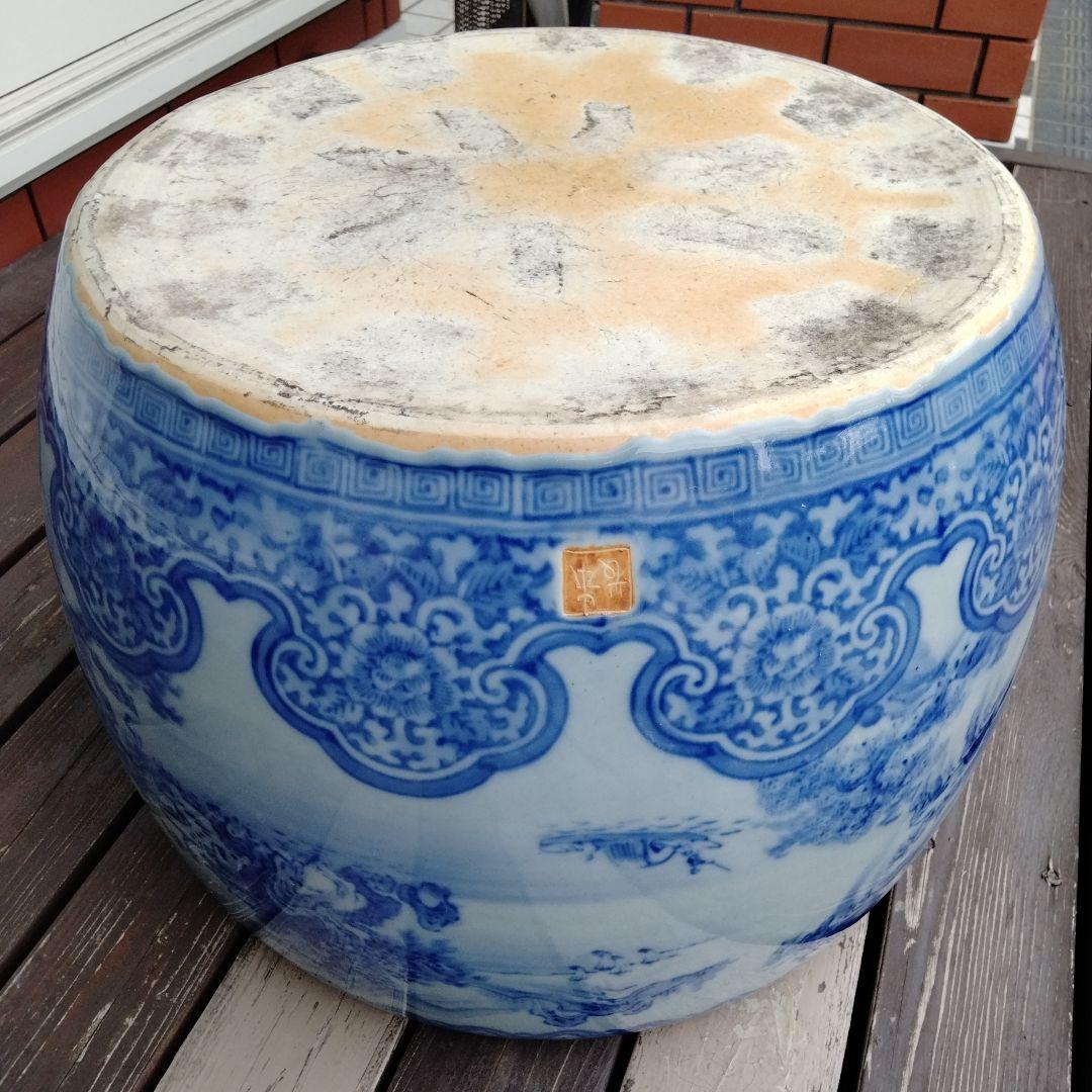 中国骨董50年以上旧蔵唐物 染付手絵山水紋大鉢 火鉢、金魚鉢、睡蓮鉢、水槽に兼用