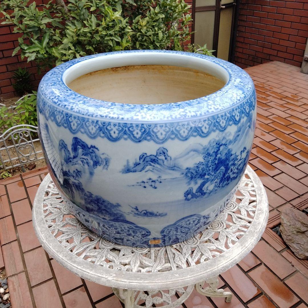 中国骨董50年以上旧蔵唐物 染付手絵山水紋大鉢 火鉢、金魚鉢、睡蓮鉢、水槽に兼用