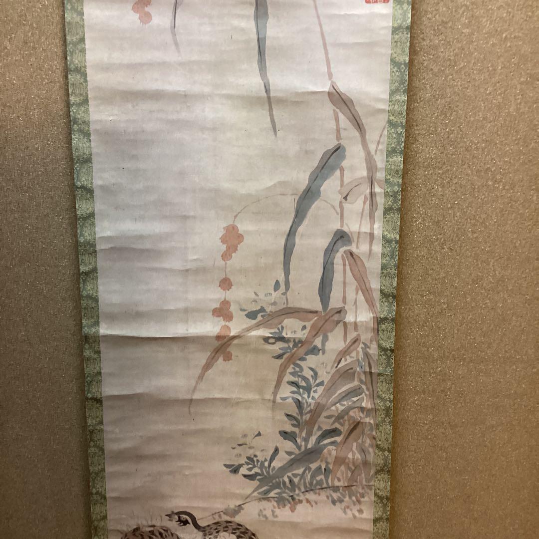 柳澤淇園　　紙本彩色画　茶掛軸　【　粟　に　鶉　図　】　肉筆画　　模写　NO39
