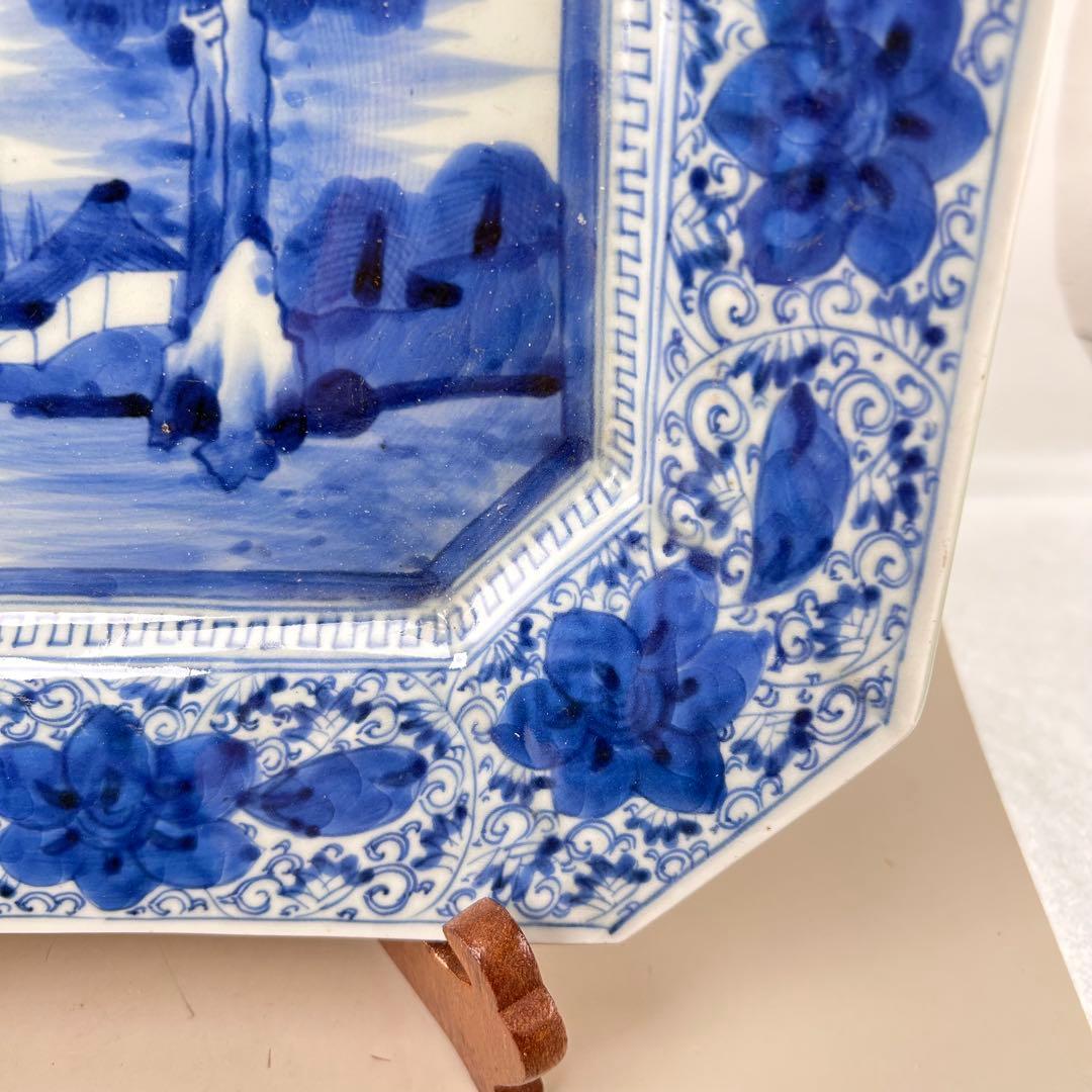 古伊万里 染付 山水文 八角大皿 飾り皿 和食器 骨董 アンティーク