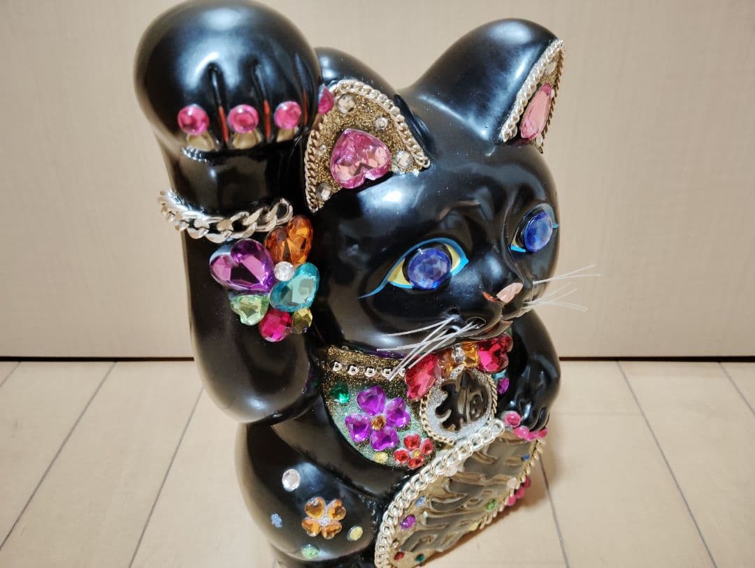 な*な様 招き猫 キラキラデコレーション 置物 黒 ブラック 貯金箱 8号27c