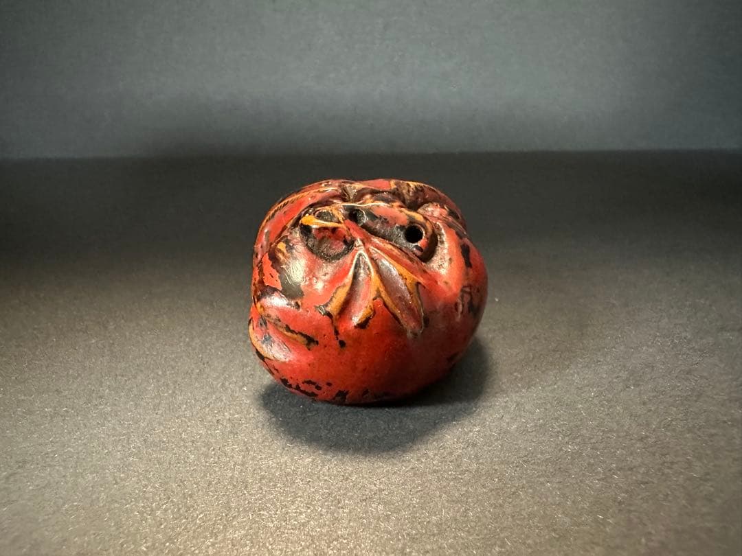 【根付(netsuke)】赤茶色の顔(面)の根付　木製　江戸時代