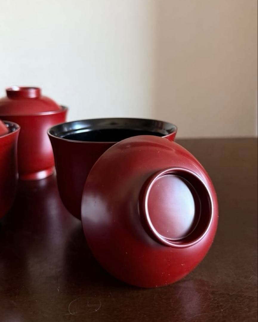 山中塗 塗師 多田桂寛 造 小吸物椀 朱内黒 蓋付き 共箱 未使用品