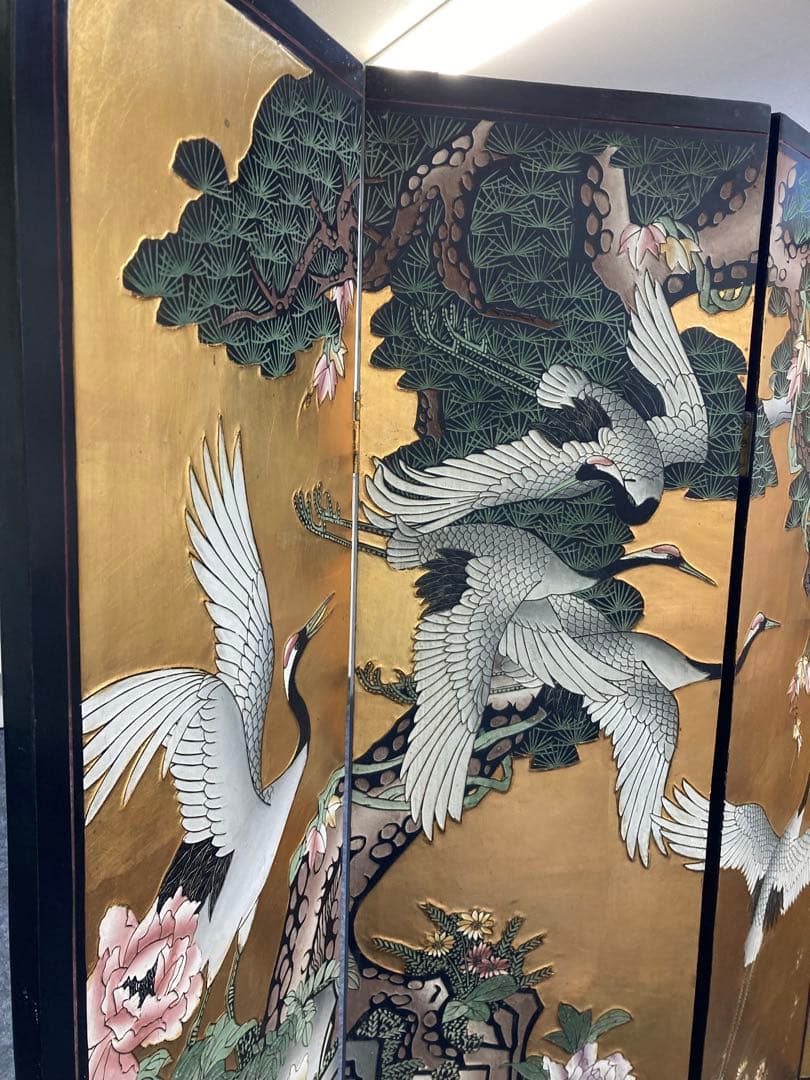 【TI】中国骨董貴重品！　美しい鶴と花の屏風 四つ折り　I-607