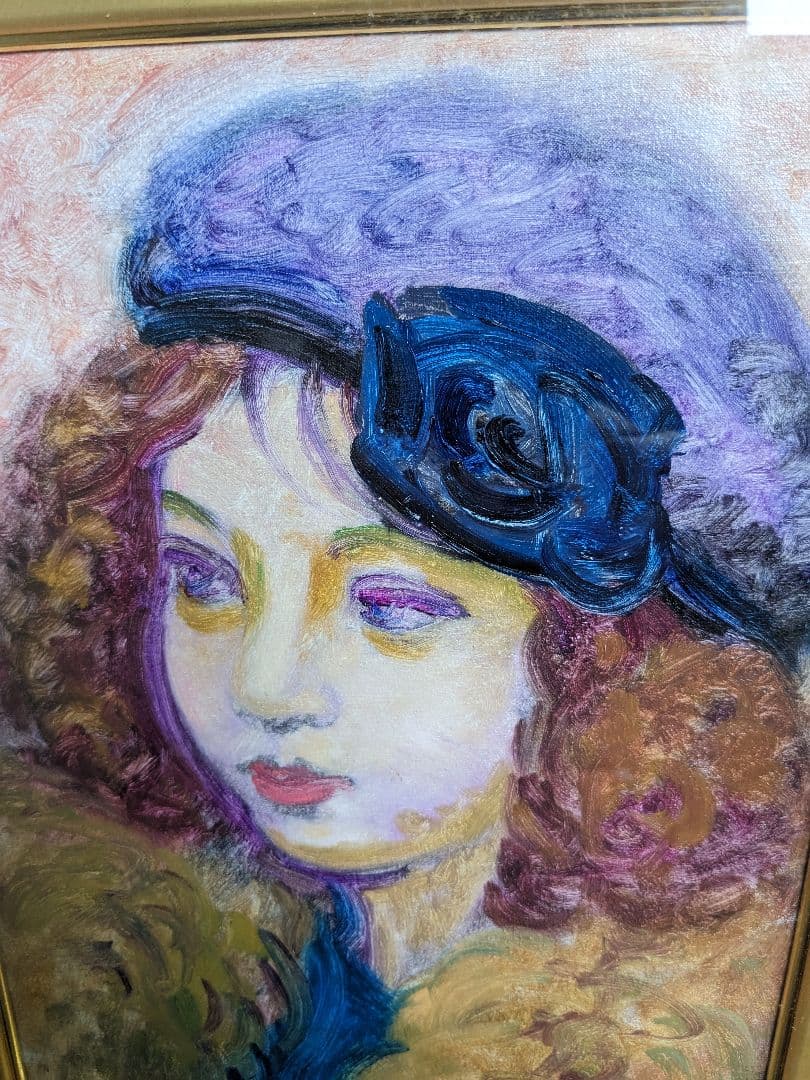 【真作】田中繁吉、『帽子の女』、油彩4号、1989年制作、サイン有、黄袋、差箱付