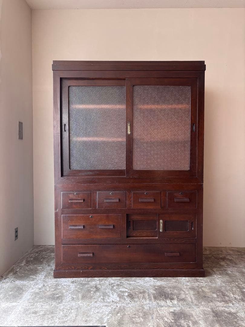 古い水屋箪笥　食器棚　ガラス棚　本棚　ガラスケース　木製箪笥 和家具　天然木