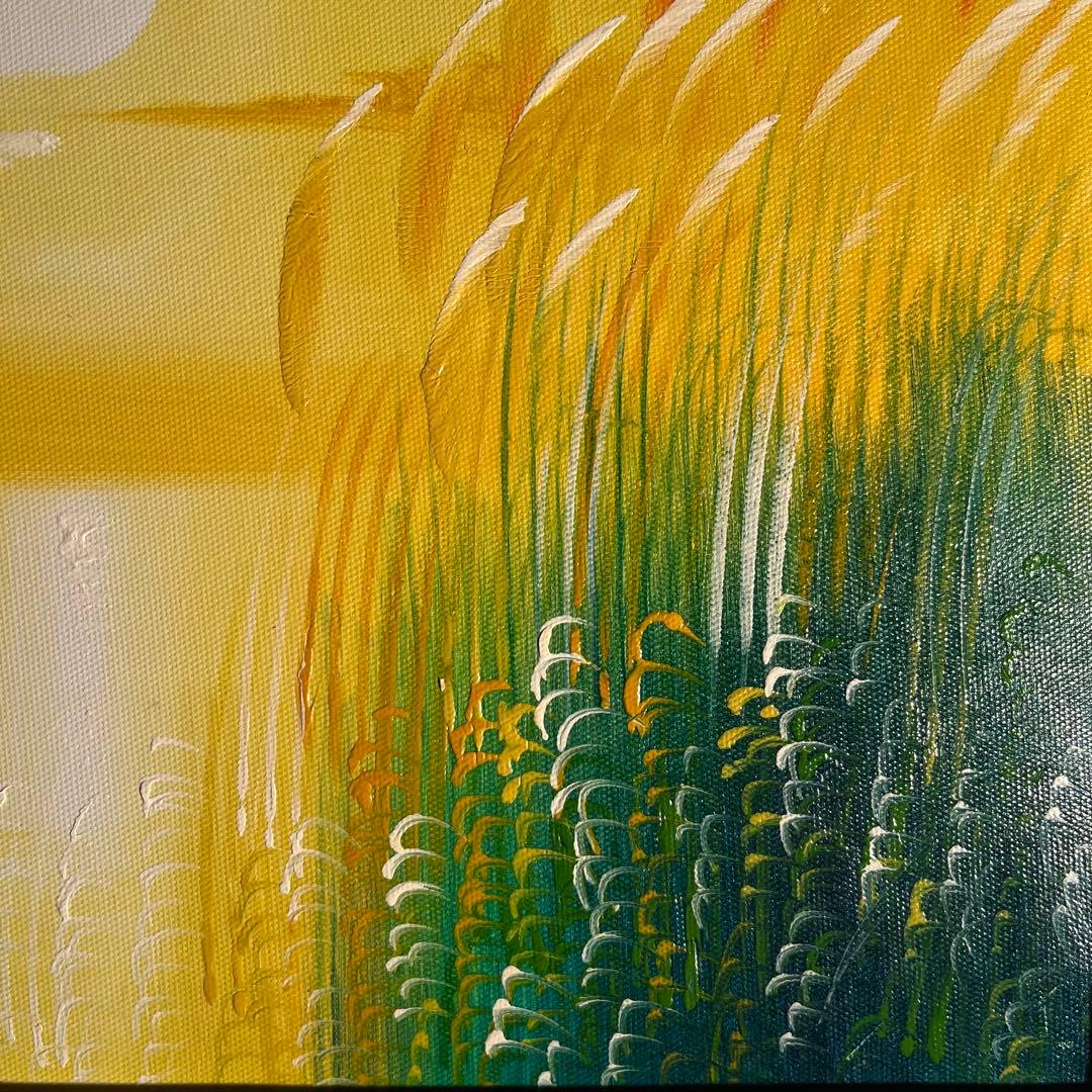 手書き油絵 湖と渡り鳥 額付き インテリア 油彩画