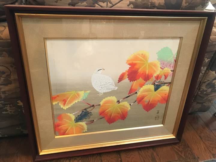 日本画家 美一 紅葉 鳥 額縁 フレーム 置物 絵画 壁掛け インテリア 美術品