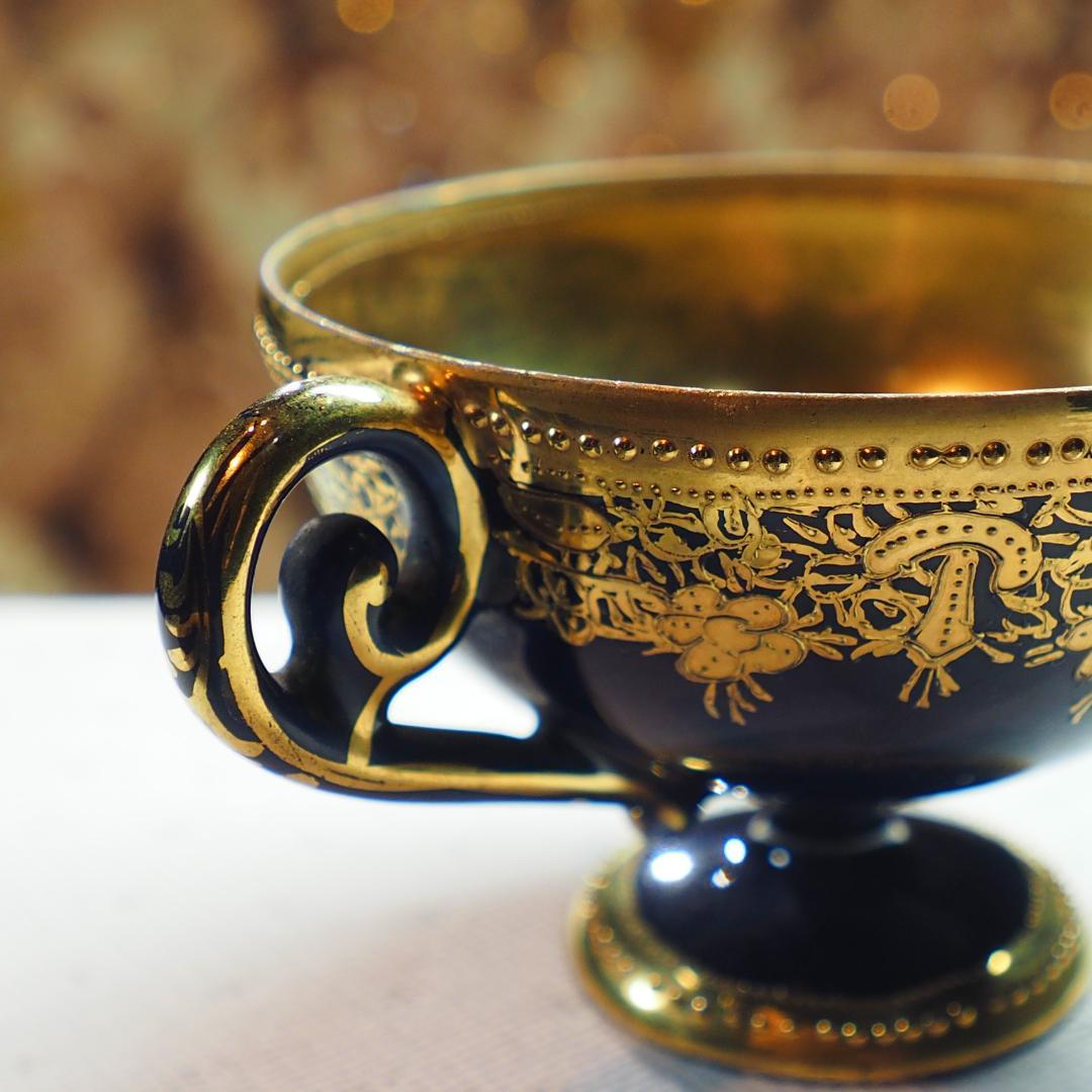 オールドノリタケ 金盛藍線帯華装飾紋 メイプルリーフ印 ペディスタル 里帰り