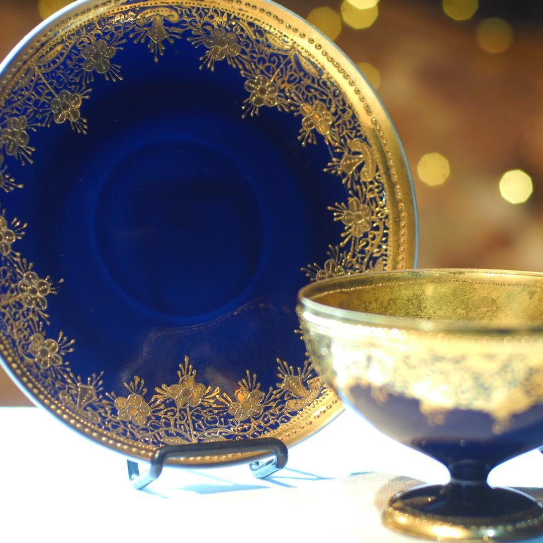 オールドノリタケ 金盛藍線帯華装飾紋 メイプルリーフ印 ペディスタル 里帰り