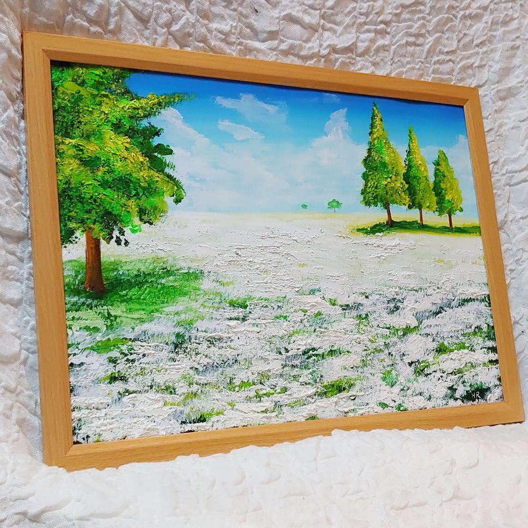 油絵 絵画 咲いた白の広場【Ａ3】