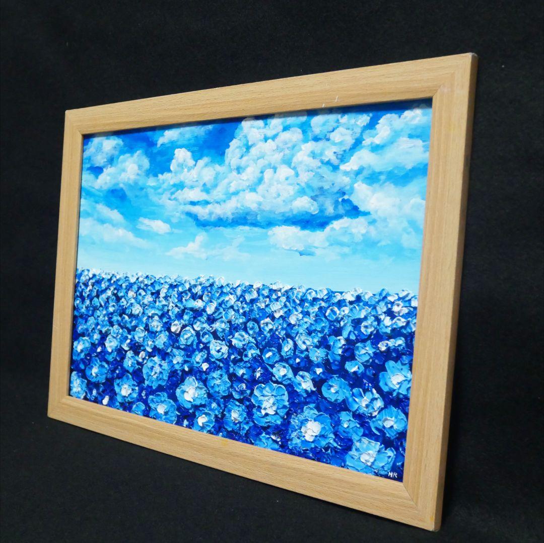 油絵 油彩 油彩画 絵 絵画【青空と雲のネモフィラ】