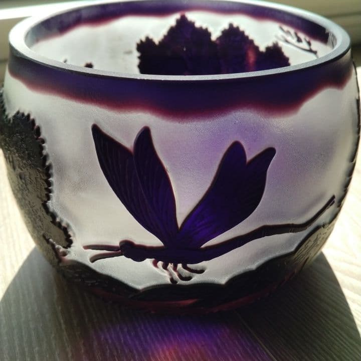 被せ硝子⭐︎アンティーク⭐︎ガレ調 ⭐︎蜻蛉文様 硝子鉢⭐︎水指茶道具、小物入れ