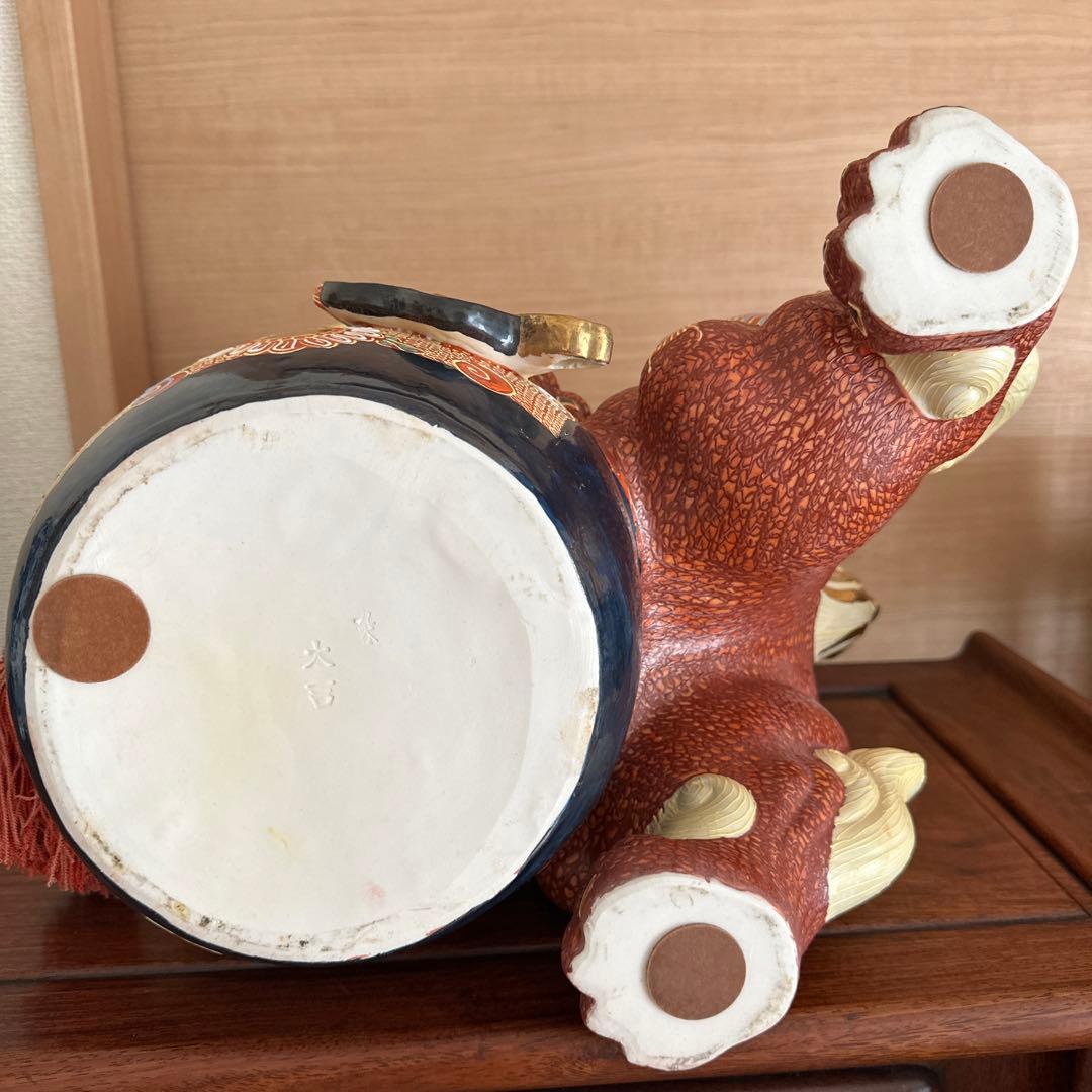 希少　九谷焼　金彩盛絵玉乗り獅子　風水　開運　特大陶器　置物　日本陶芸伝統品