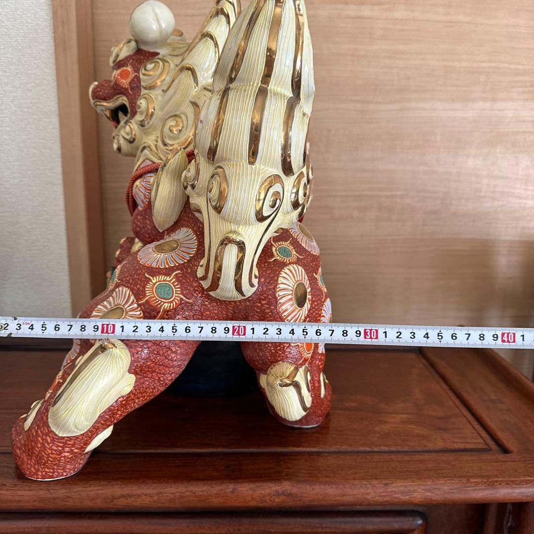 希少　九谷焼　金彩盛絵玉乗り獅子　風水　開運　特大陶器　置物　日本陶芸伝統品