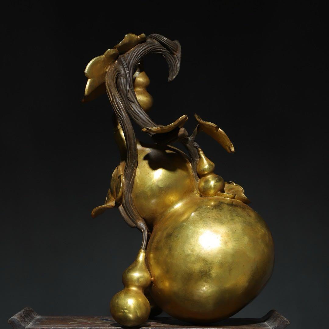 旧蔵　巨大純銅製金メッキ　葫蘆　ふくろう細工彫刻　置物　供奉 供養 インテリア
