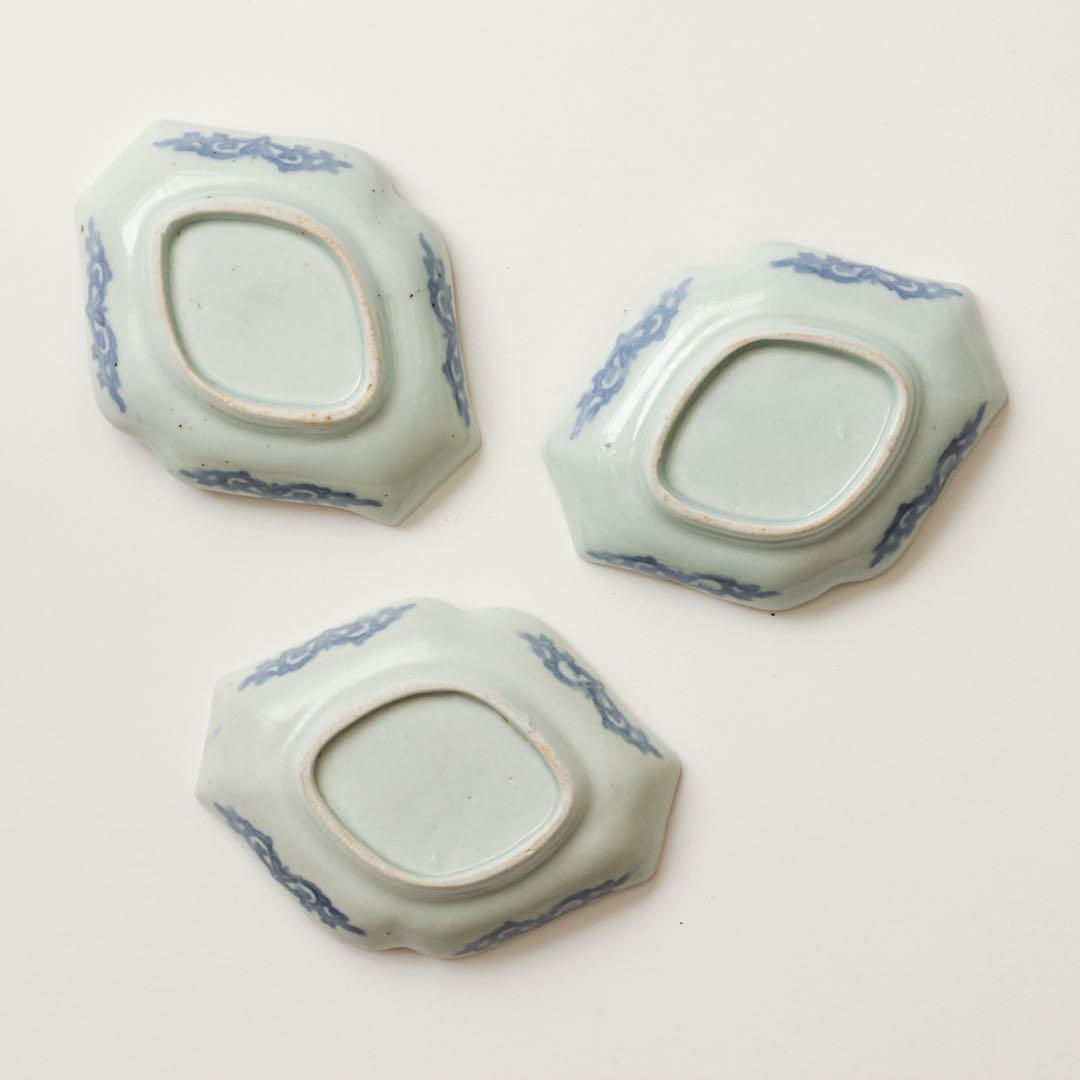 古伊万里　伊万里　江戸　中期　型紙摺　印判手　角入　菱形　変形皿　3客セット販売