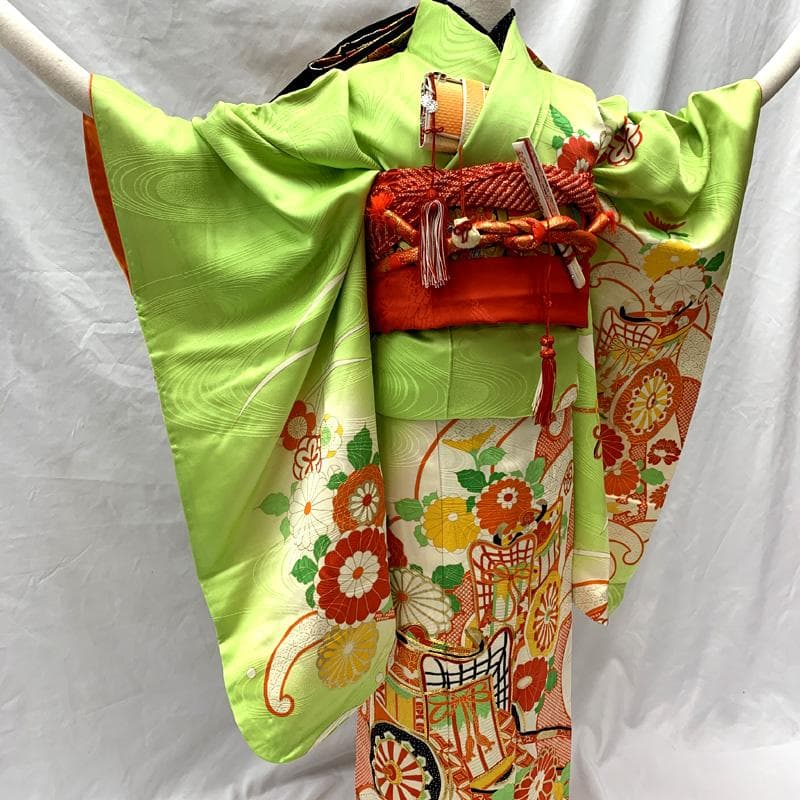 508ag71□七五三 七歳 女児 着物&袋帯 御所車 菊 波頭 黄緑□美品