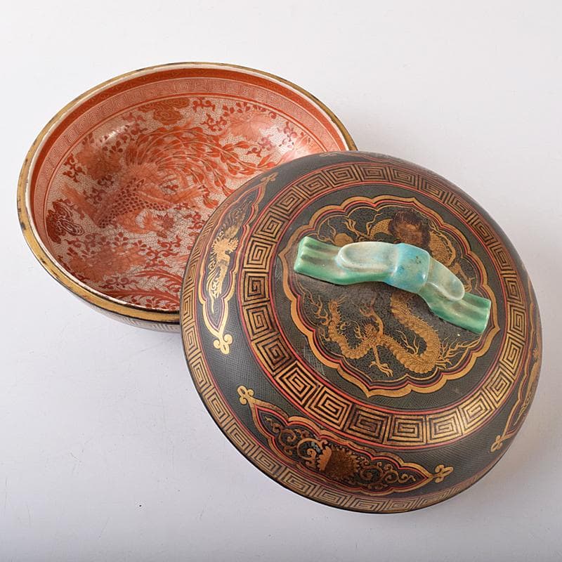 豊楽焼　龍蒔絵　赤絵金彩鳳凰文　菓子器　喰籠　D　R8167