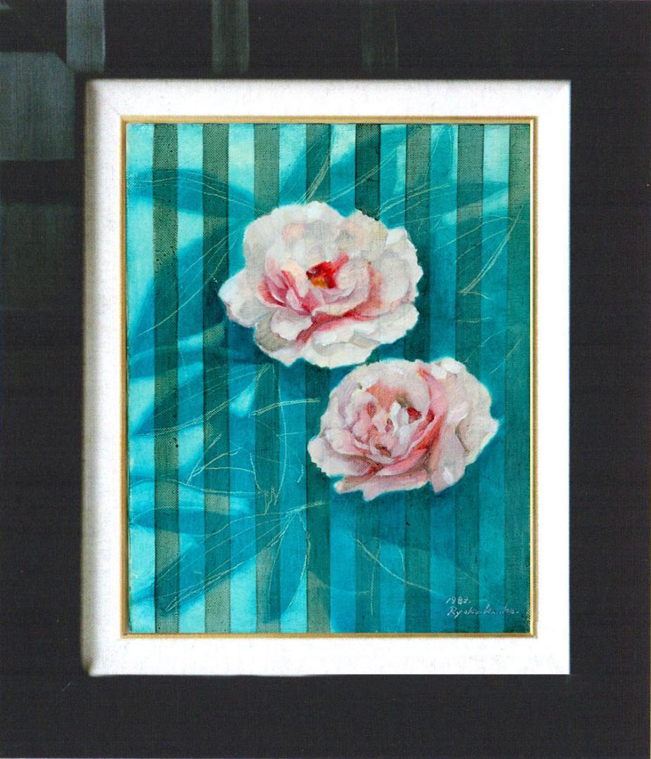 油絵 菅家令子 絵画インテリア額付( 青緑＋金色の枠 )F4-222023ぼたん