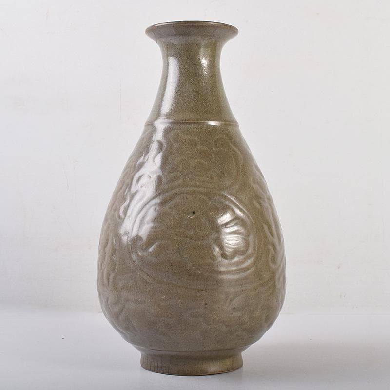 中国　耀州窯　青磁　陽刻　牡丹文　花入　相国寺　有馬頼底書付箱　M　R7802B