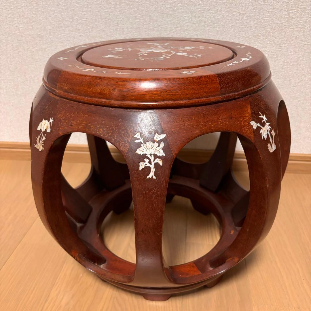 【美品】花梨 無垢 螺鈿細工 丸椅子 スツール 腰掛け 中国美術 工芸品
